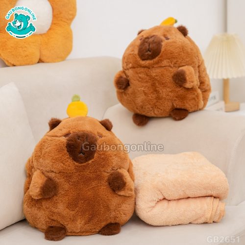 Gối Chăn Mền Capybara Đội Cam mềm mịn, dễ thương