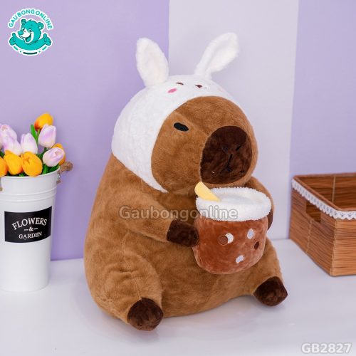 Capybara Ôm Trà Sữa Cosplay Thỏ