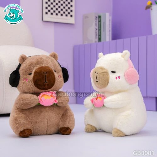 Gấu Bông Capybara Cầm Hoa Sen Đeo Tai Nghe