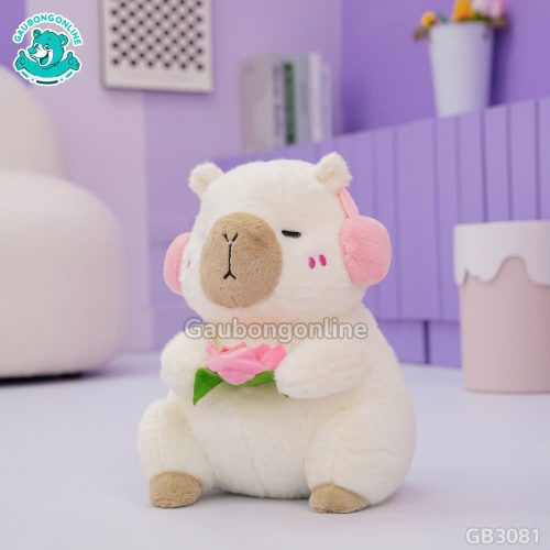 Gấu Bông Capybara Cầm Hoa Sen Đeo Tai Nghe