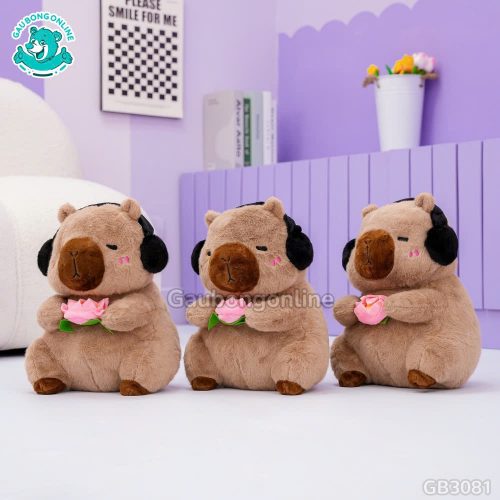 Gấu Bông Capybara Cầm Hoa Sen Đeo Tai Nghe