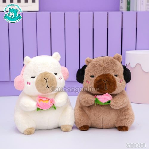 Gấu Bông Capybara Cầm Hoa Sen Đeo Tai Nghe