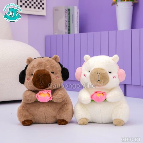 Gấu Bông Capybara Cầm Hoa Sen Đeo Tai Nghe