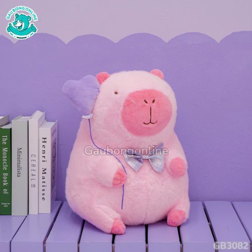 Gấu Bông Capybara Hồng Cầm Bóng Tim