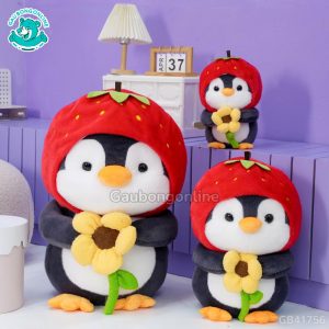 Gấu Bông Cánh Cụt Mũ Dâu Cầm Hoa